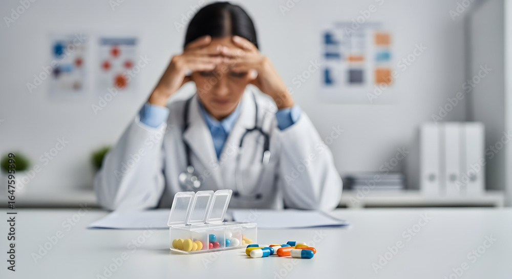 Stressed doctor with pills, head in hands, feeling overworked in clinical office environment Stressed doctor with pills, head in hands, feeling overworked in clinical office environment