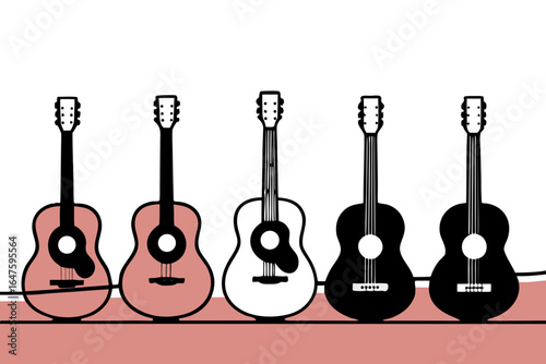 Musical Harmony: Five guitars, each with its own distinct shape and tonal variation, stand side-by-side in a display of perfect harmony, inviting music lovers to a symphony of sound.