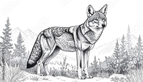 Detailed monochrome sketch of a coyote in a natural mountain landscape
