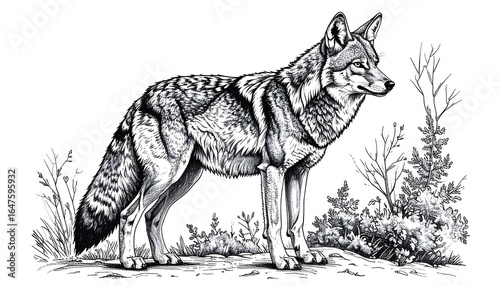 Detailed monochrome illustration of a coyote standing amidst foliage