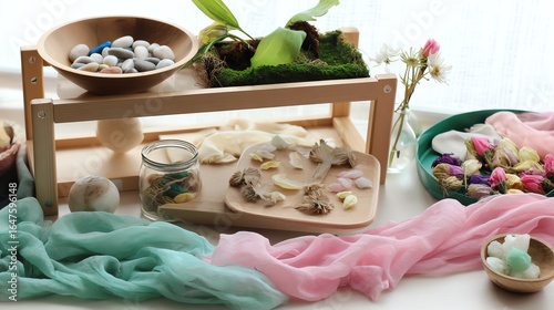 Arrangement of Loose Parts on Wooden Shelf for Sensory Play