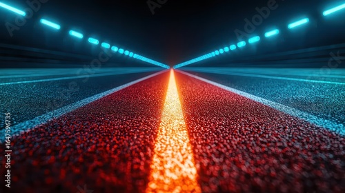 Fototapeta Naklejka Na Ścianę i Meble -  Neon-lit road tunnel.  Perspective view of a futuristic road tunnel, bathed in vibrant blue and red neon lights.  Centerline glows with an orange/yellow light