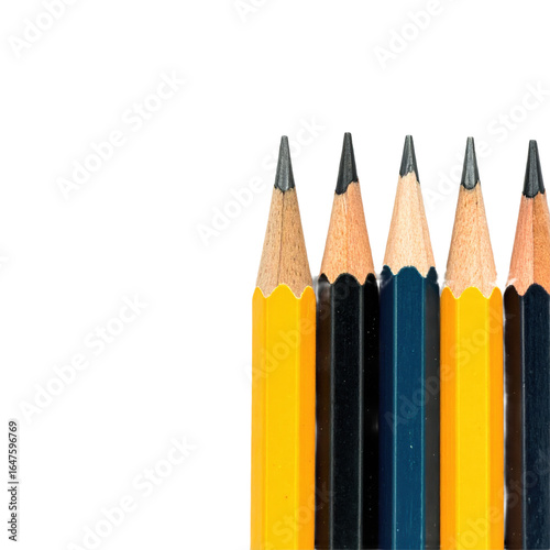 Wallpaper Mural Five sharpened wooden pencils with yellow, black, and dark blue painted hexagonal barrels, arranged vertically in a row with graphite tips pointing upward Torontodigital.ca