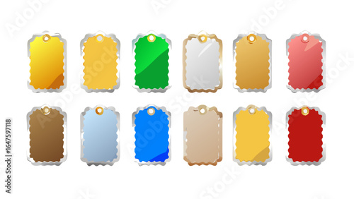 Collection of colorful tags with decorative edges arranged in a neat and organized manner