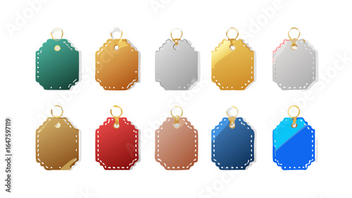 Collection of ten colorful price tags with scalloped edges and golden rings displayed on white surface