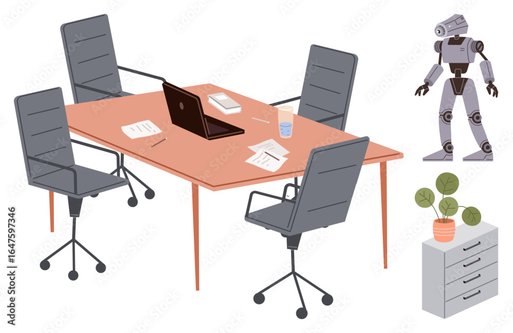 Fototapeta premium Office setup with chairs, table, laptop, papers, and a robot standing nearby. Ideal for technology, innovation, teamwork AI concepts future workforce modern workplace collaboration. A simple flat