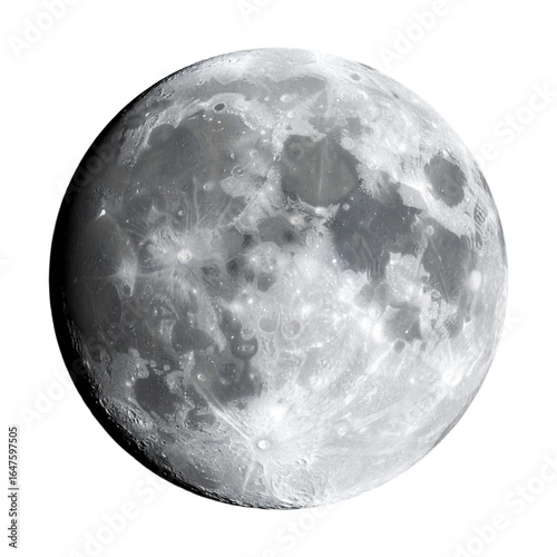 Detailed full moon showing surface craters, maria, and bright rays with a textured, rocky appearance