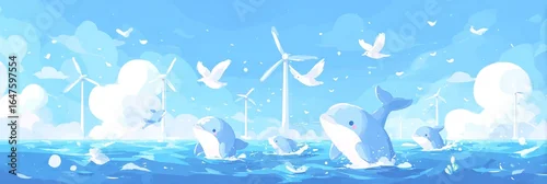 Obraz UROCZA, PŁASKA ILUSTRACJA DELFINÓW I MEW W STYLU ANIME