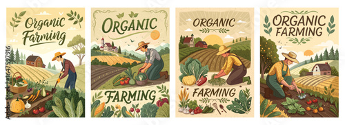 Four vibrant illustrations showcasing organic farming practices in a sunny agricultural landscape.
