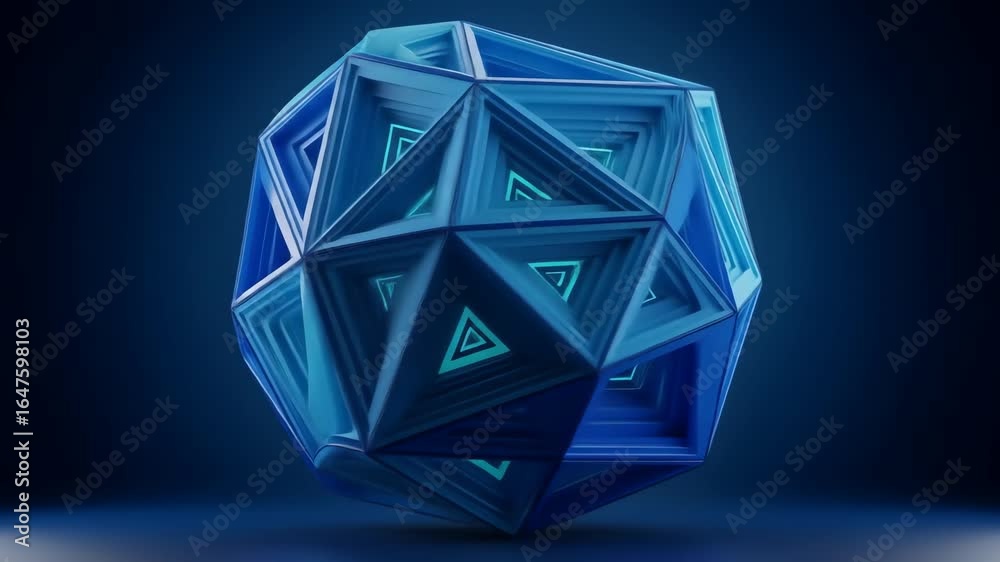 A faceted geometric object with nested triangular openings in shades of blue