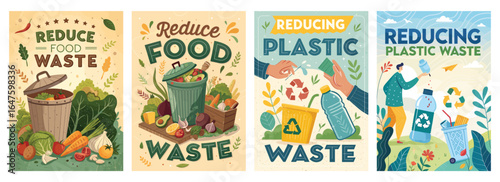 Colorful illustrated posters promoting food and plastic waste reduction with vibrant designs.