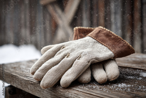 solitary glove rests on blanket of pristine snow juxtaposed against rugged wooden board