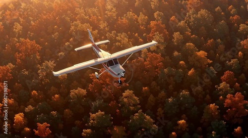 Scenic aerial view of a small aircraft flying over colorful autumn forest landscape