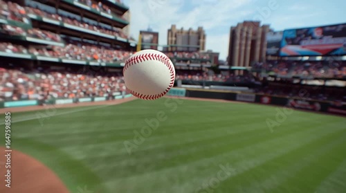 Exciting moment during baseball game at stadium as ball is pitched towards home plate with fans in attendance