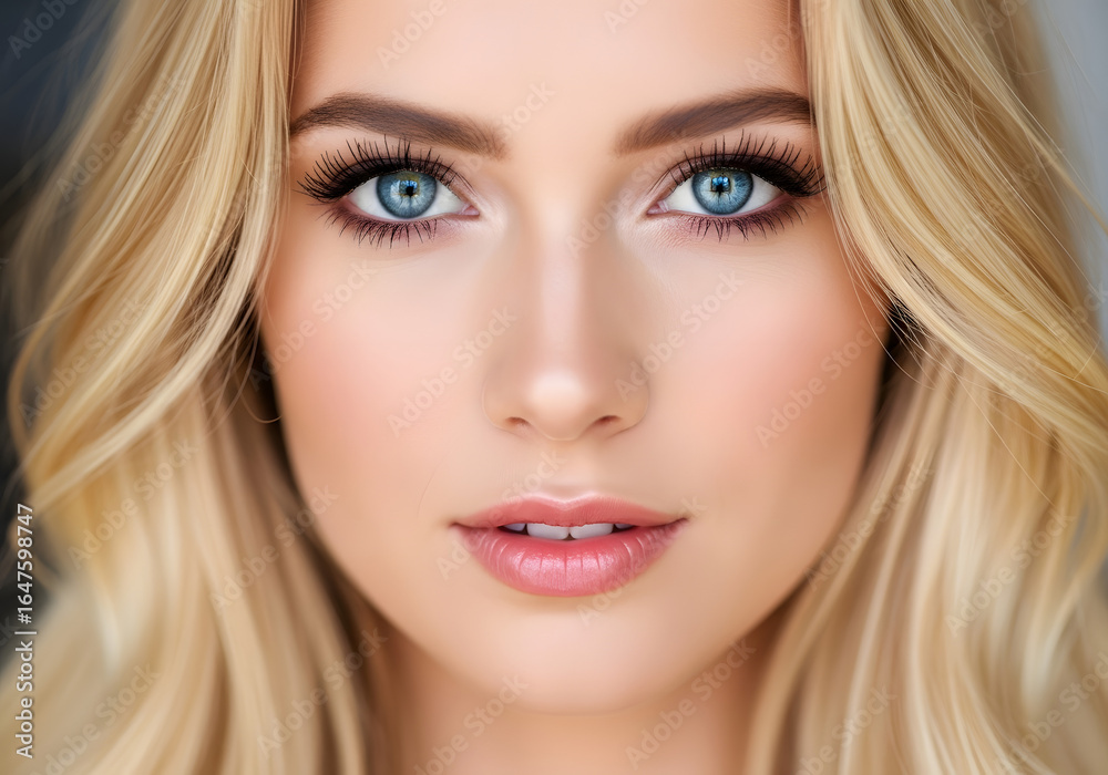Beautiful young woman with glamorous makeup, a bold red lip, and a stylish hairstyle poses for a close-up studio portrait Beautiful young woman with glamorous makeup, a bold red lip, and a stylish hairstyle poses for a close-up studio portrait