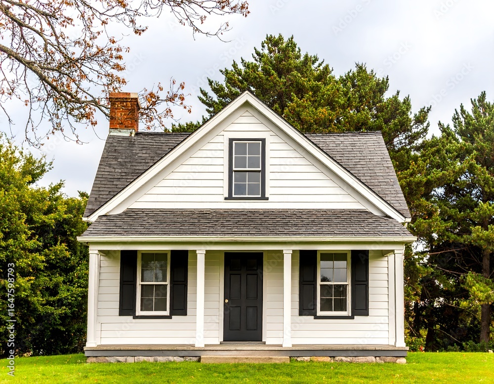 Fototapeta premium A classic small white house with black shutters and a grey roof, nestled in a green lawn with trees in the background, exuding a charming, traditional American aesthetic.