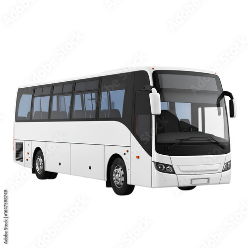 Modern white coach bus with large windows, side mirrors, and sleek design, suitable for long-distance travel and comfortable passenger transportation