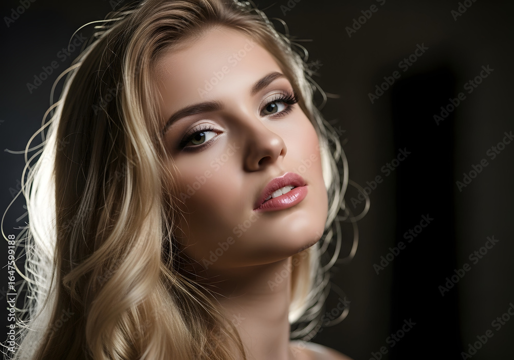 Naklejka premium Beautiful young woman with glamorous makeup, a bold red lip, and a stylish hairstyle poses for a close-up studio portrait