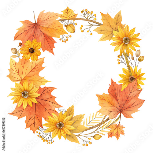 Autumn Watercolor Wreath Collection with Seasonal Leaves, Pumpkins, and Flowers Pngs
