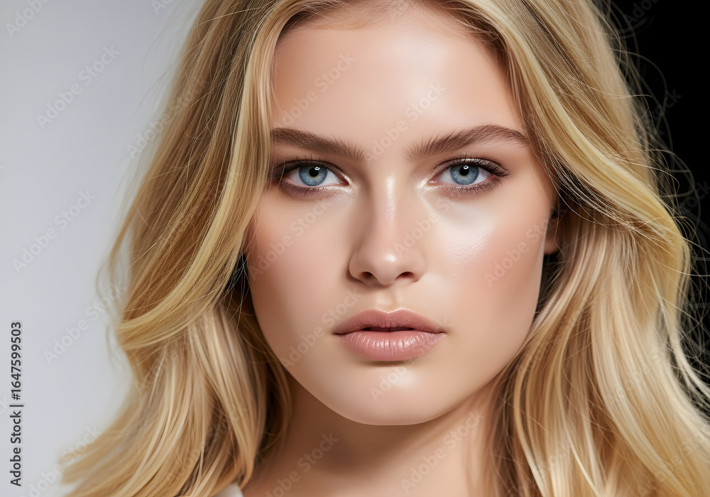 Naklejka premium Beautiful young woman with glamorous makeup, a bold red lip, and a stylish hairstyle poses for a close-up studio portrait