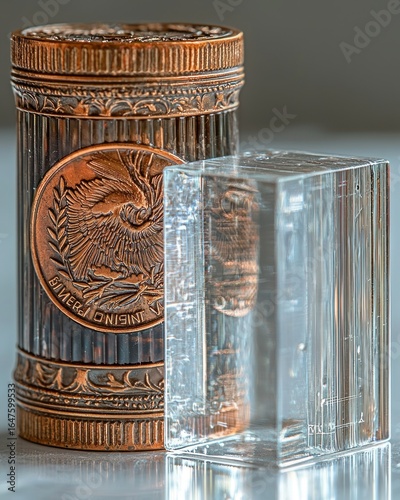 Ornate copper container beside clear glass cube