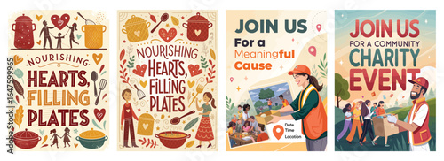 A vibrant collection of charity event posters featuring community engagement themes and colorful designs.