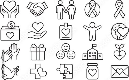 Love Friendship Care and Charity Editable Stroke Outline Icon Set Minimal Vector Pictograms for Giving and Kindness