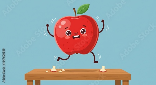 Cheerful apple cartoon character jumping on table with food waste illustration