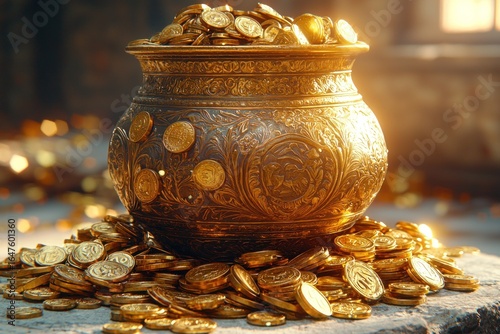 Ornate golden pot overflowing with coins