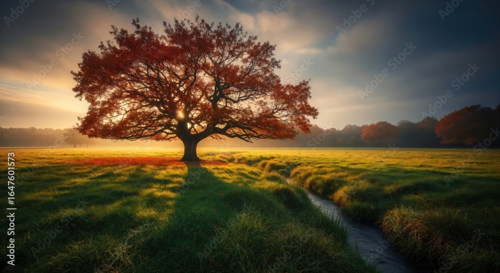 Fototapeta premium A majestic autumn tree with red leaves stands alone in a sunlit meadow at sunrise. A tranquil stream flows through the vibrant green grass, creating a serene and beautiful landscape.