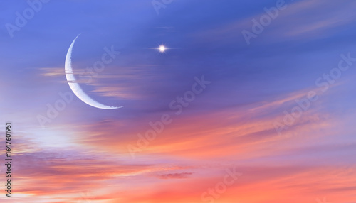 Fotografía Crescent Moon with Venus, the morning star sand dune of desert in the foreground