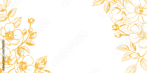 Gold Flower hand-drawn on a white background vector.  Luxury illustration for decoration, wall decor, wallpaper, cover, banner, package, card.