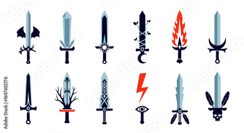 A diverse set of stylized fantasy sword icons, featuring magical elements like flames, wings, crystals, and skulls.