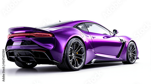 Stunning metallic purple sports car rear three-quarter view isolated on a white background. Exotic supercar showcasing aerodynamic design, spoiler, and diffuser