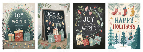 Colorful holiday-themed illustrations featuring festive gifts, decorations, and joyful messages.