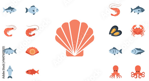A vibrant collection of flat design seafood icons, featuring fish, shrimp, crab, octopus, mussels, and a central scallop shell.
