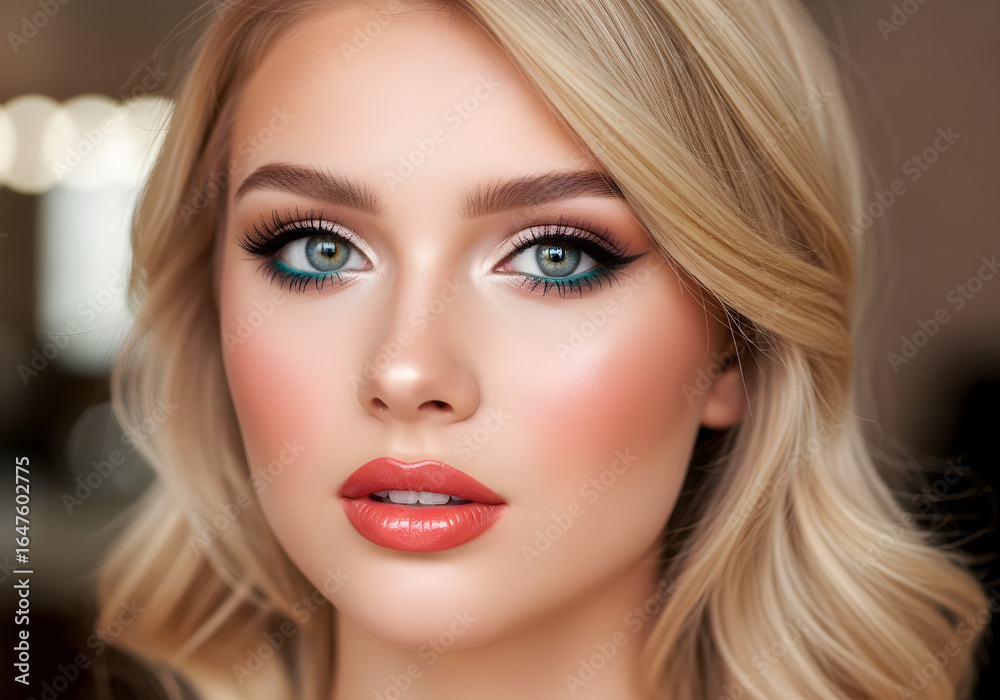Beautiful young woman with glamorous makeup, a bold red lip, and a stylish hairstyle poses for a close-up studio portrait Beautiful young woman with glamorous makeup, a bold red lip, and a stylish hairstyle poses for a close-up studio portrait