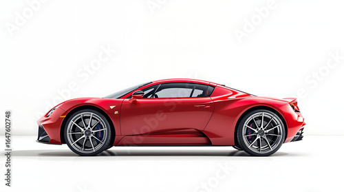 Sleek red luxury sports car side profile view isolated on a clean white background studio shot. Modern supercar design, performance, and automotive elegance concept