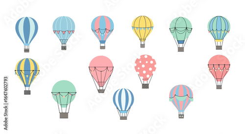 A whimsical collection of twelve pastel-colored hot air balloons with decorative patterns and banners, in a flat illustrative style.