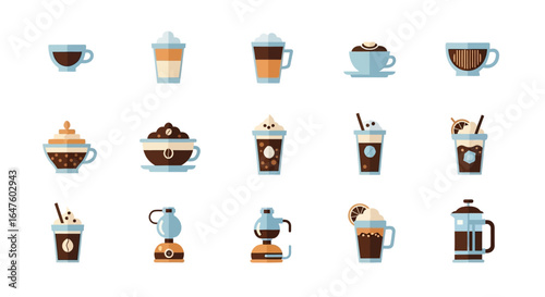 Assorted Coffee Drinks and Brewing Equipment Flat Vector Icons