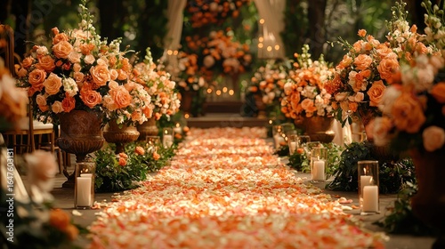 Peachy wedding aisle, adorned with floral arrangements and candles