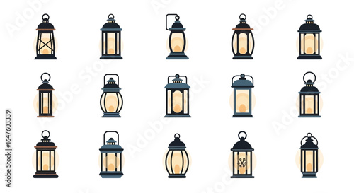 Assortment of old-fashioned metal and glass lanterns with glowing candles, flat vector illustration set.