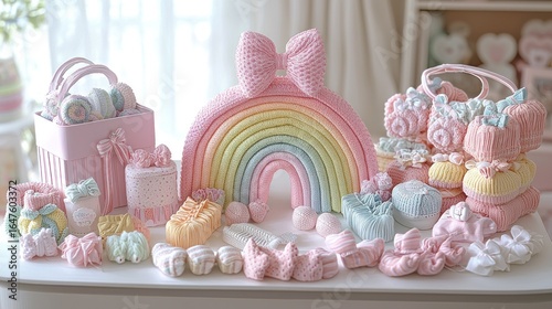 Pastel-colored baby accessories displayed on a white table, featuring a rainbow, bows, and baskets