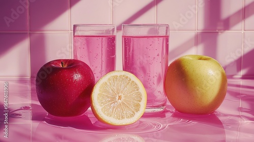 Pink drink and fruit still life. Two glasses of pink bubbly drink, a red apple, a yellow apple, and a lemon slice
