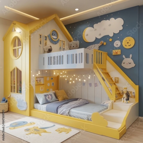 Playful yellow and blue kids bunk bed in a home-themed room