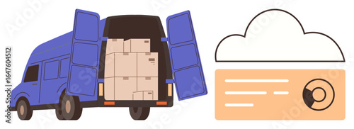 Delivery van loaded with cartons, symbolizing shipment, paired with cloud data concept for synchronized logistics. Ideal for transportation, technology, e-commerce, supply chain, storage, innovation