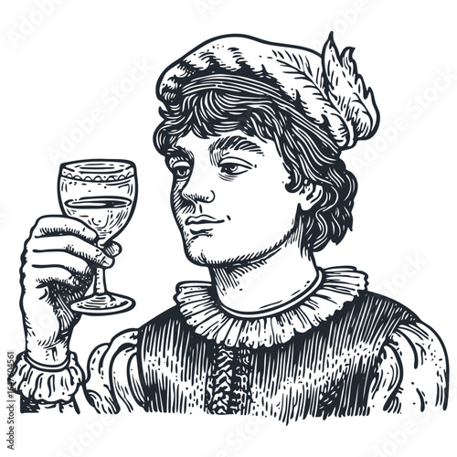 A Renaissance man in a feathered cap holding a goblet of wine. Elegant vector portrait in a vintage, hand-drawn woodcut or engraving style.