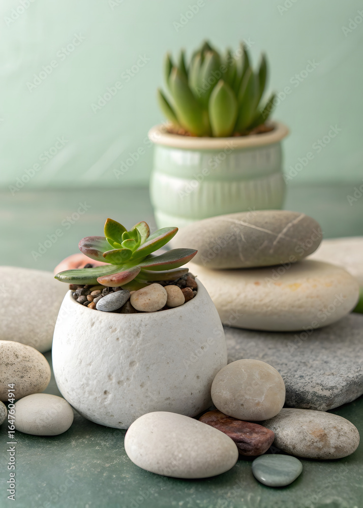 Fototapeta premium spa stones and green leaf