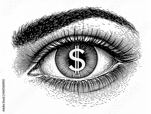 Engraved style eye with a dollar sign pupil representing financial vision, greed, and wealth