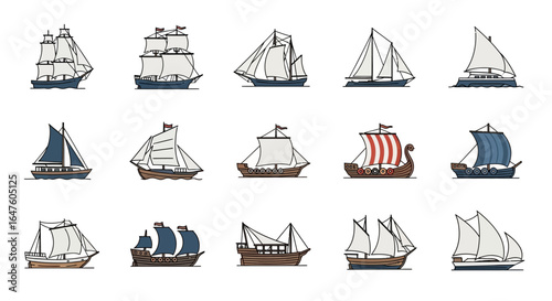 Collection of diverse historical sailing ships, including Viking longships and galleons, illustrated in a colorful line art style.